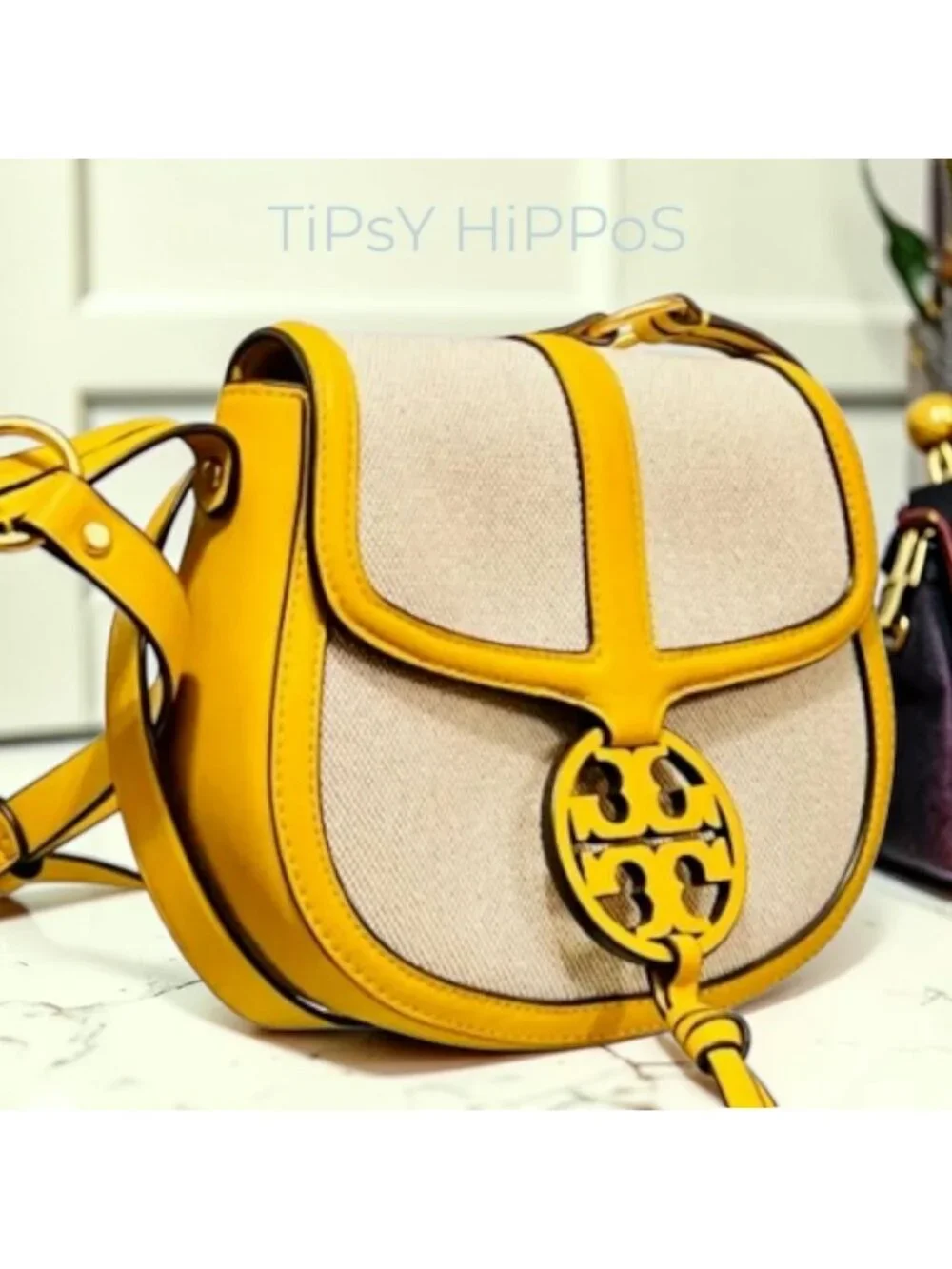 Tory Burch Miller Canvas & Leather Saddle Bag Yellow/Natural Crossbody
